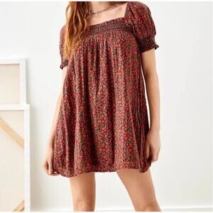 American Eagle Floral Smocked Puff Sleeve Babydoll Mini Dress Large Women’s Red
